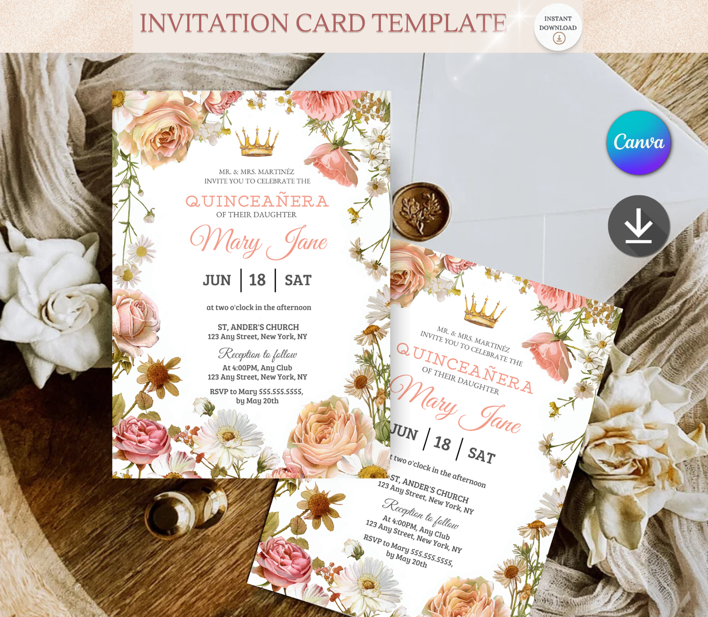 Quinceañera Invitation Template | Editable Canva Quince Party Invite Design Printable & Digital