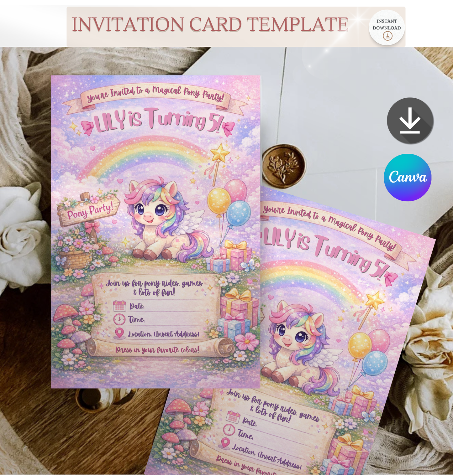 Pony Birthday Invitation Template | Editable Kids Horse Party Invite