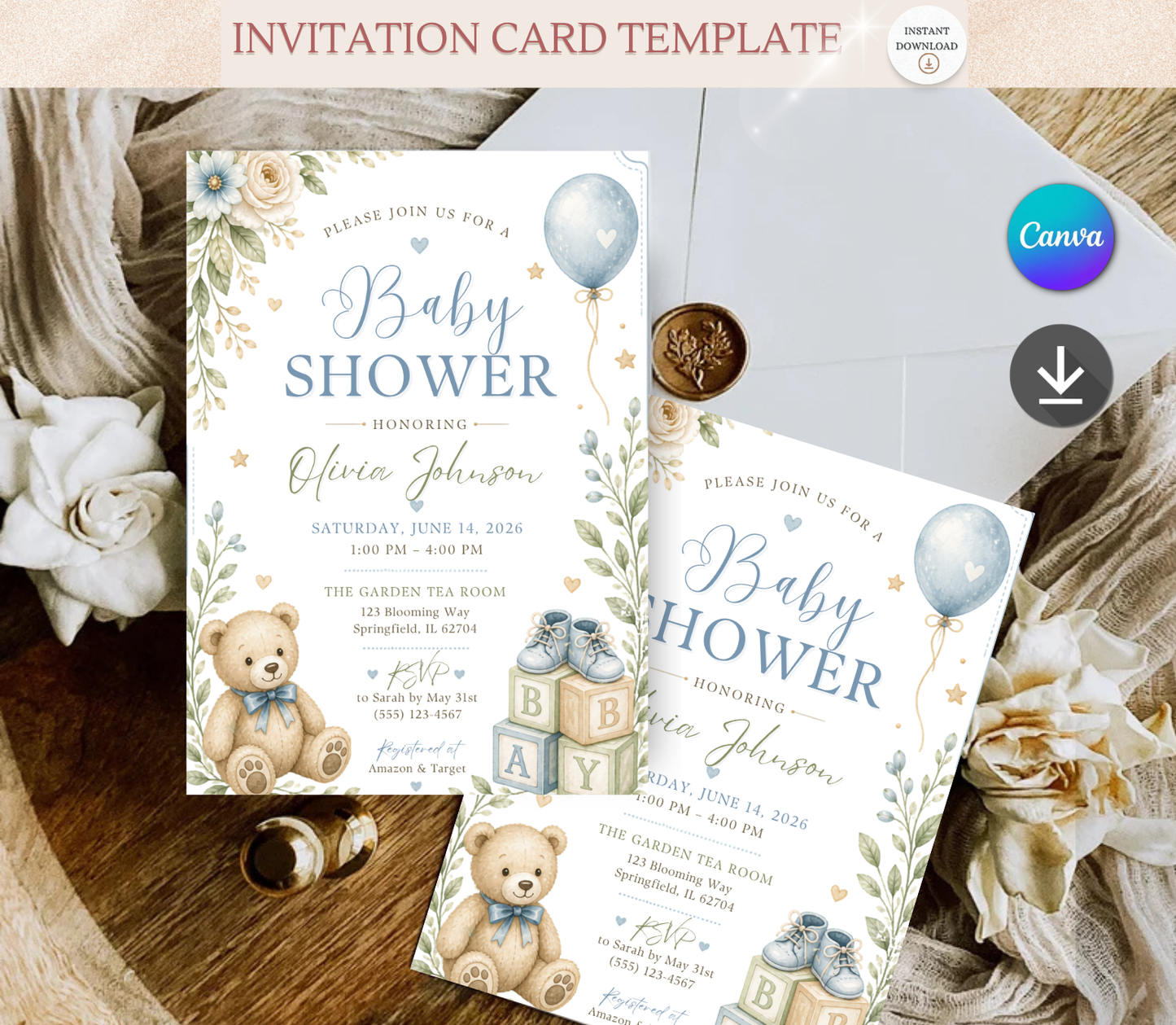 Baby Shower Invitation Template | Editable Canva Baby Shower Invite Design Printable & Digital