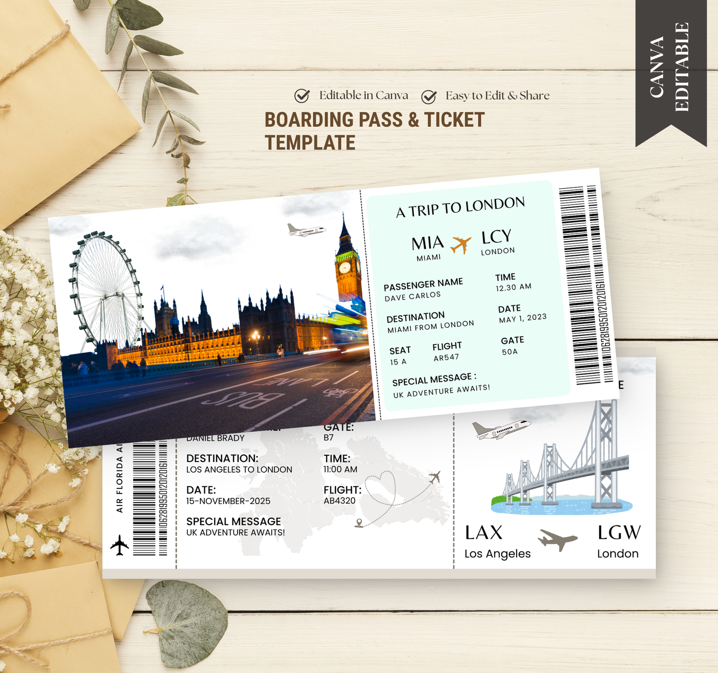 London Boarding Pass & Ticket Template | Editable Canva Travel Invite & Event Ticket Design