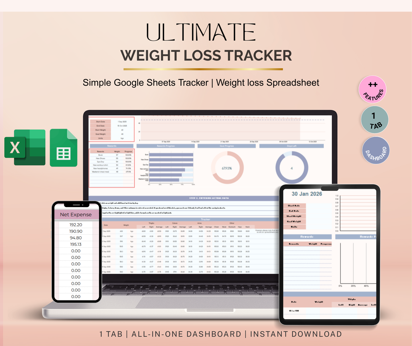 Weight Loss Tracker Spreadsheet | Fitness & Progress Google Sheets Body Measurement Planner