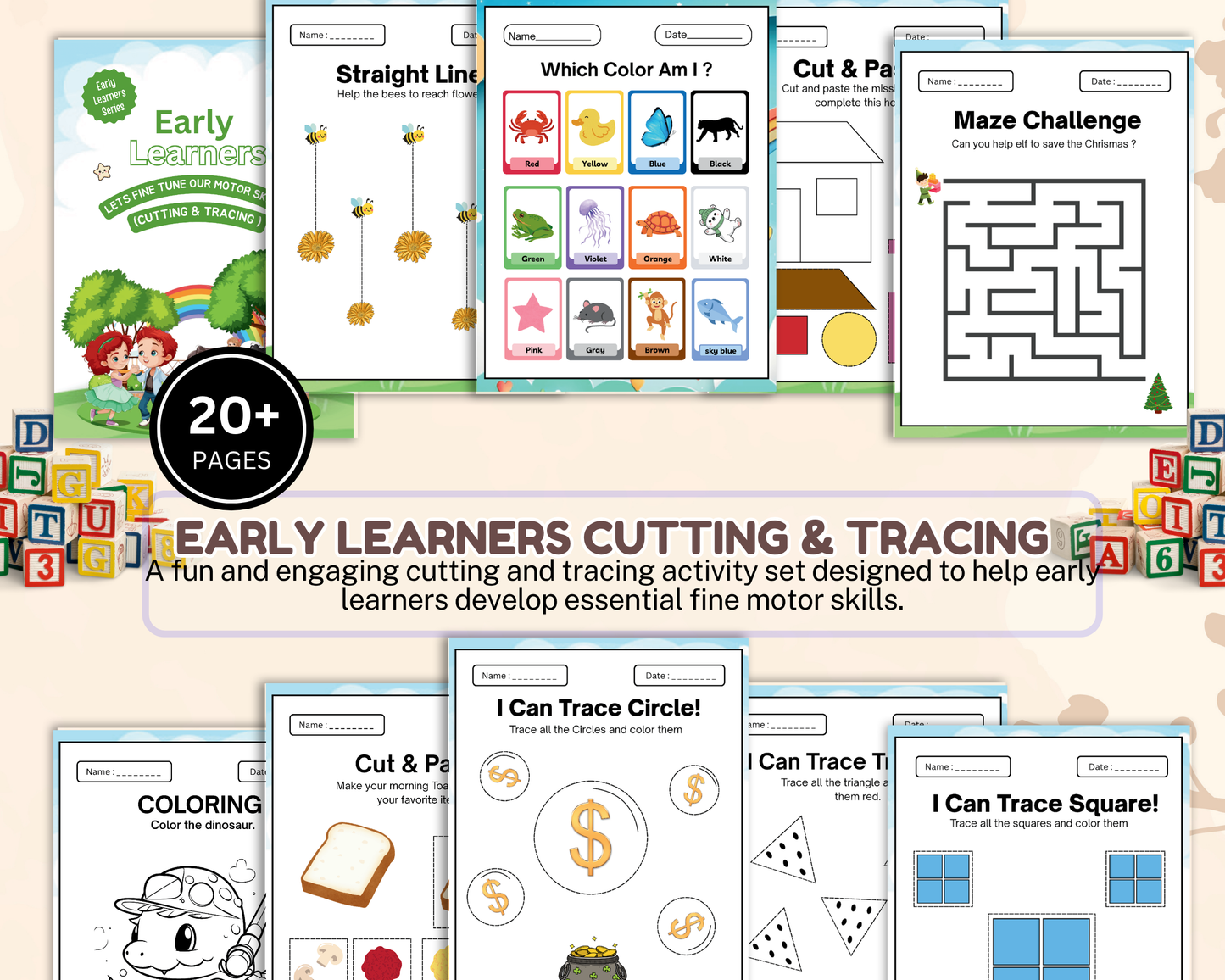 Early Learners Cutting & Tracing Worksheets | Printable Fine Motor Skills Activities for Kids