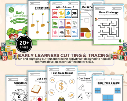 Early Learners Cutting & Tracing Worksheets | Printable Fine Motor Skills Activities for Kids