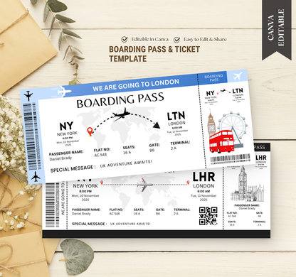 London Boarding Pass & Ticket Template | Editable Canva Travel Ticket Invitation & Party Invite