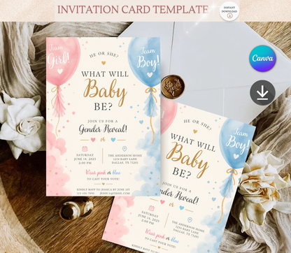 Baby Reveal Invitation Template | Editable Gender Reveal Party Invite Canva Template
