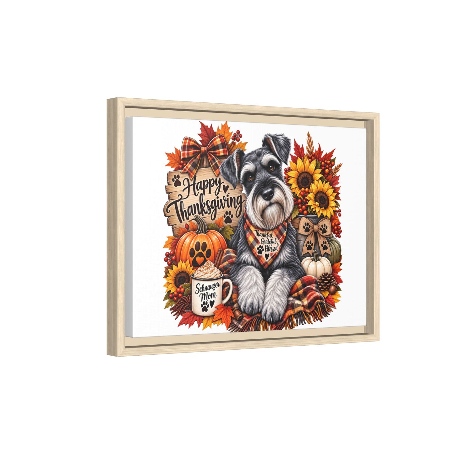 Happy Thanksgiving Schnauzer Framed Canvas — Autumn Dog Wall Art