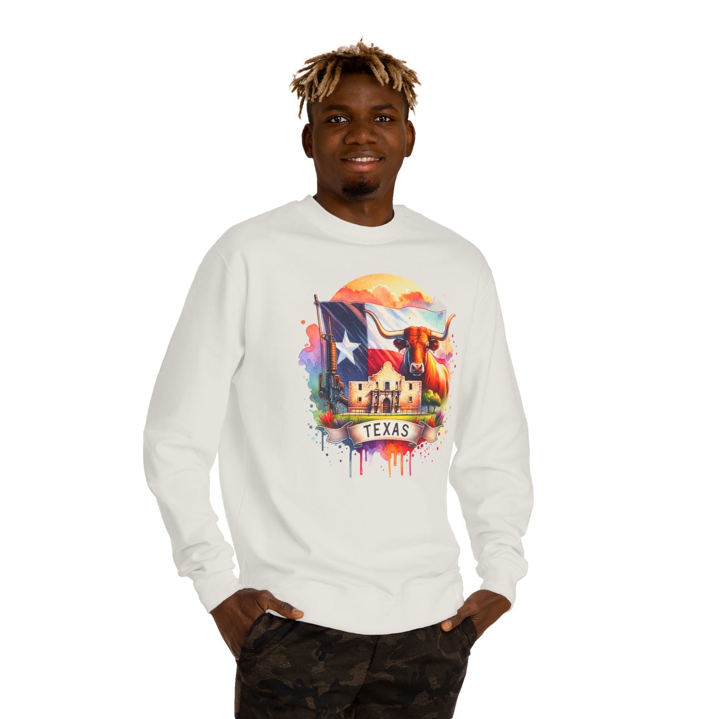 Texas Watercolor Flag Sweatshirt — Longhorn & Alamo Graphic