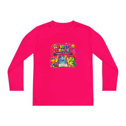 First Grade Ready Youth Long Sleeve Tee — "First Grade Here I Come" Back-to-School Shirt