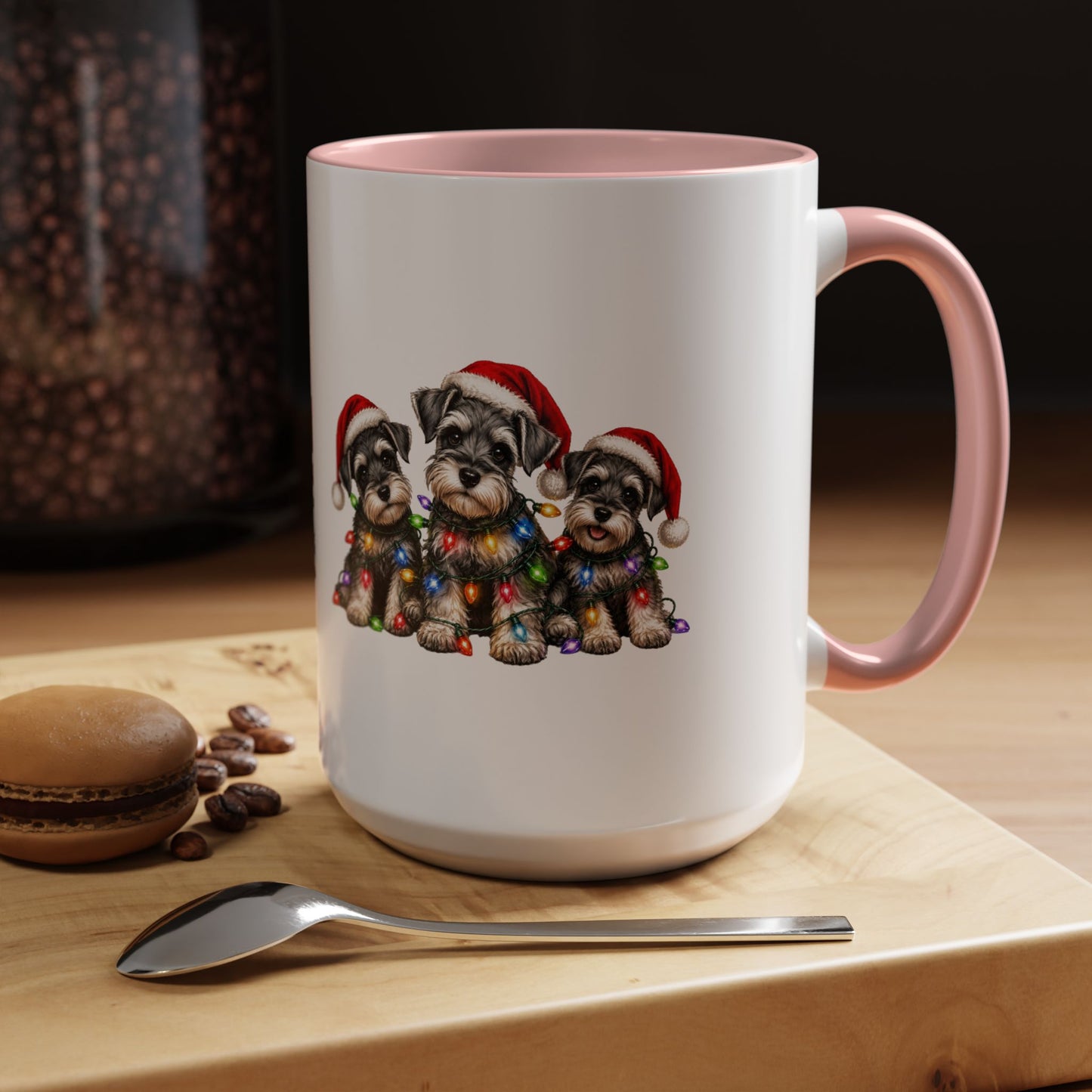 Christmas Puppy Coffee Mug — Cute Schnauzer Trio with Santa Hats & Holiday Lights (11/15oz)