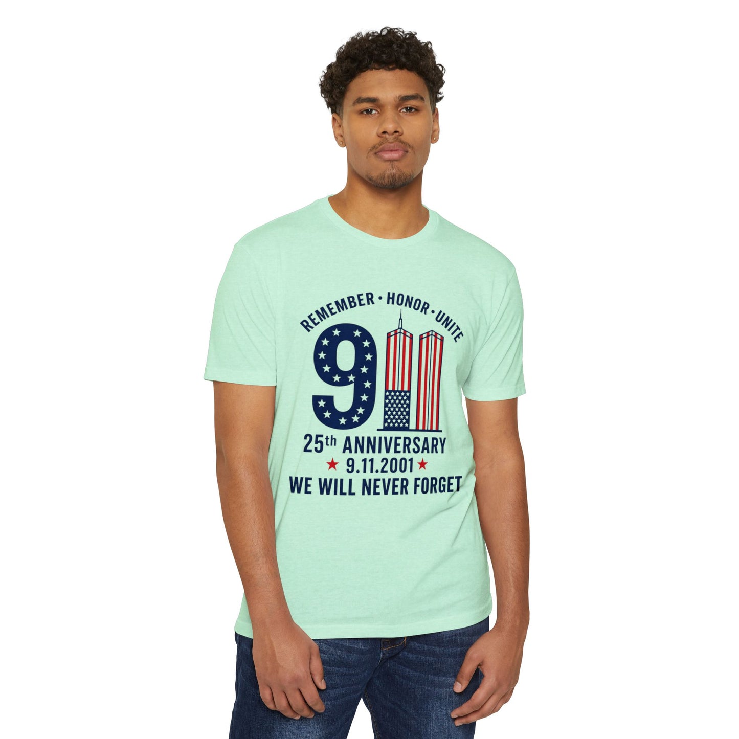 9/11 Memorial T-Shirt – "Remember Honor Unite" 25th Anniversary We Will Never Forget