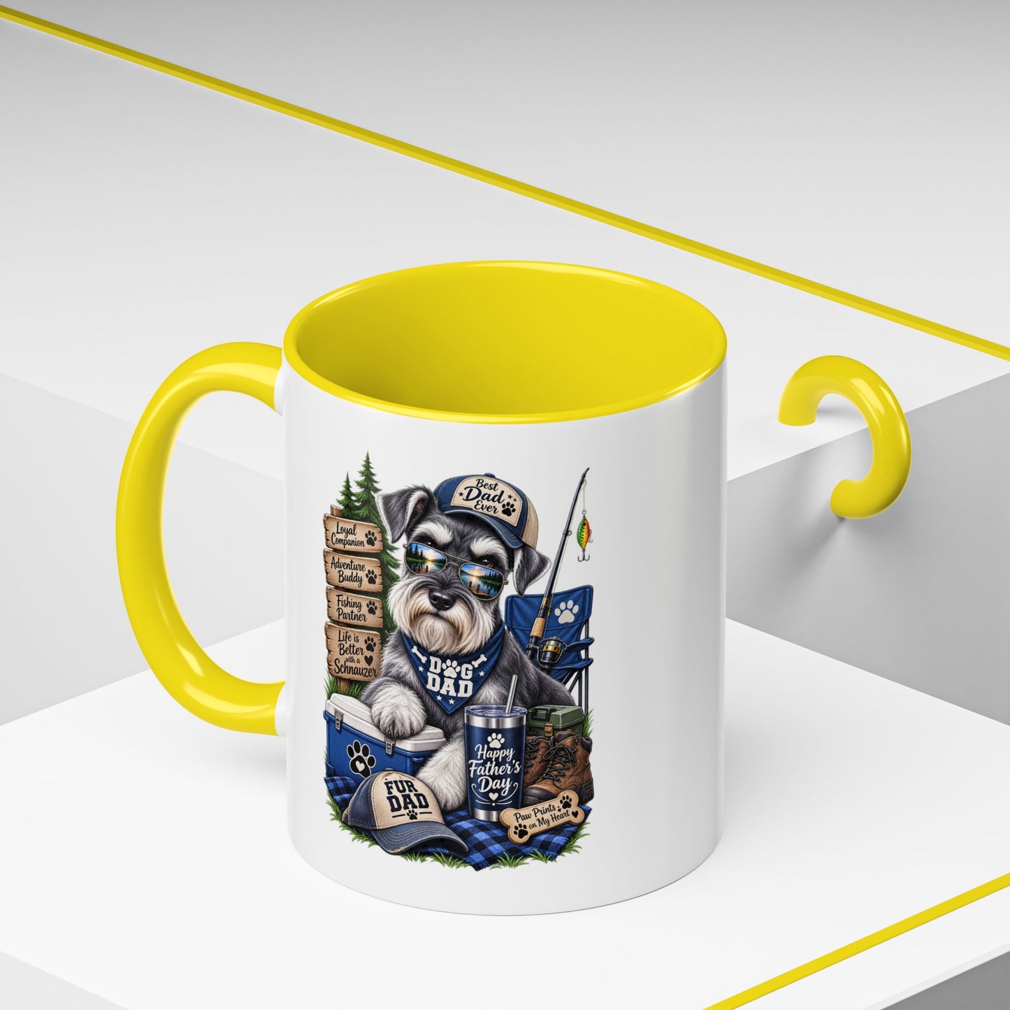 Schnauzer Dad Accent Coffee Mug – "Dog Dad" Camping Paw Print Design (11/15oz)