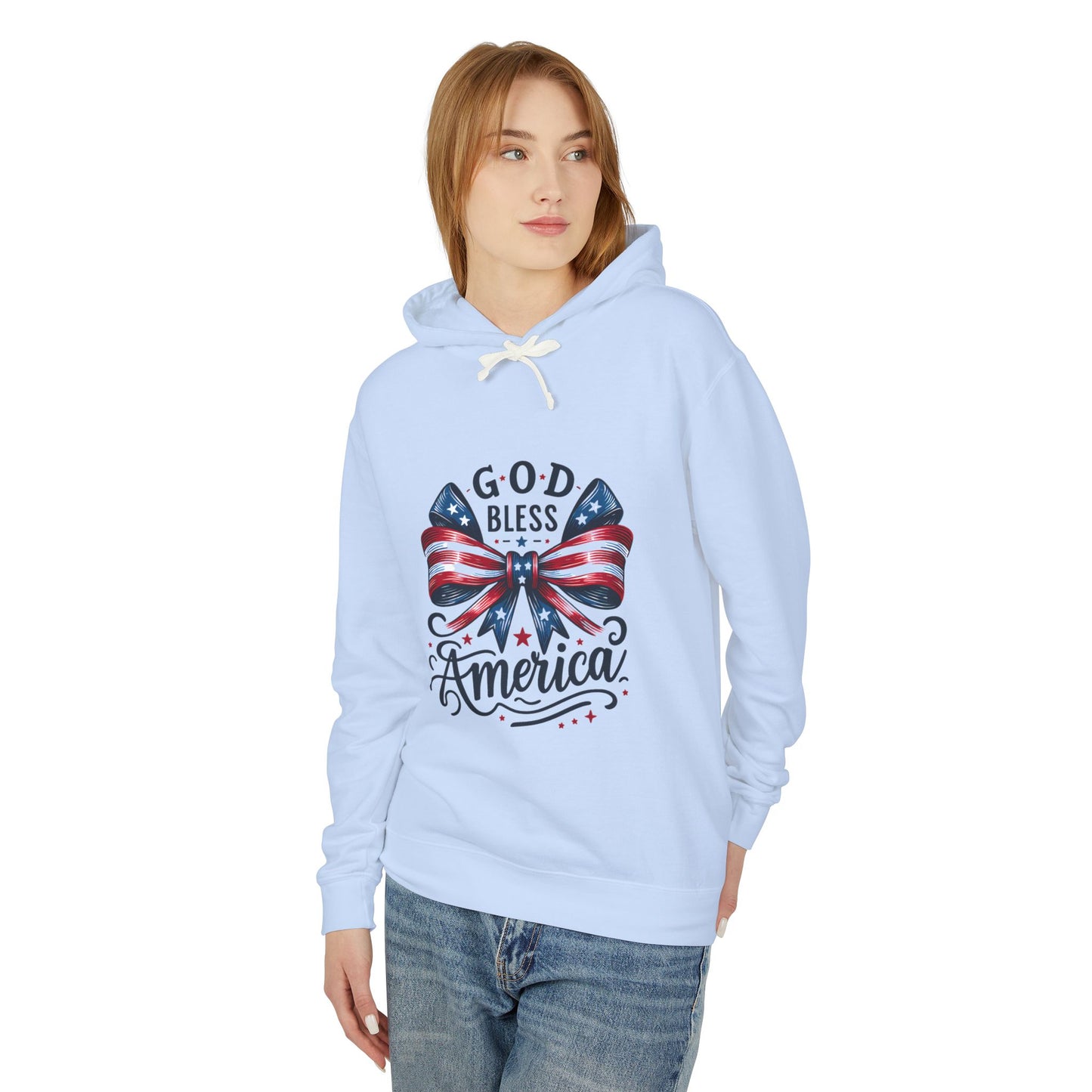 God Bless America Patriotic Hoodie – American Flag Bow Fourth of July Sweatshirt