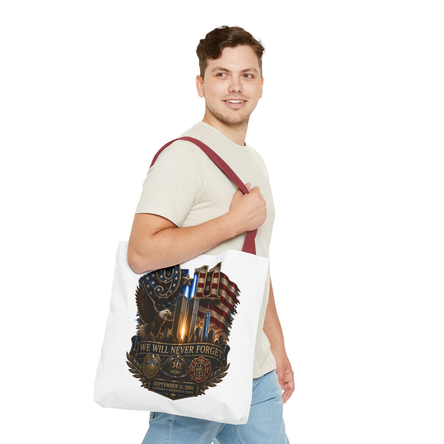 9/11 Memorial Tote Bag — "We Will Never Forget" Patriotic Tribute