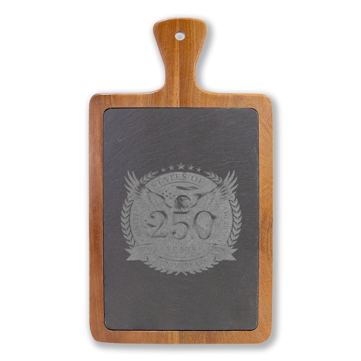 Engraved Oak Charcuterie Board with Slate Insert & Cheese Knives — Personalized 250 Crest Design