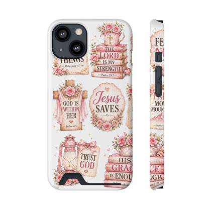 Christian Floral Phone Case with Card Holder — 'Jesus Saves' Inspirational Design