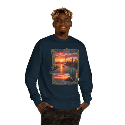 New York Sunset Crewneck Sweatshirt — Statue of Liberty Skyline Graphic