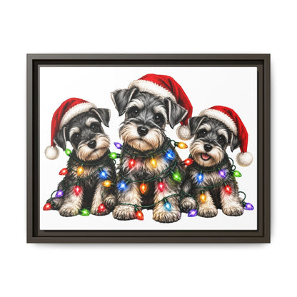 Christmas Schnauzer Canvas Print — Festive Puppies in Santa Hats (Matte Framed)