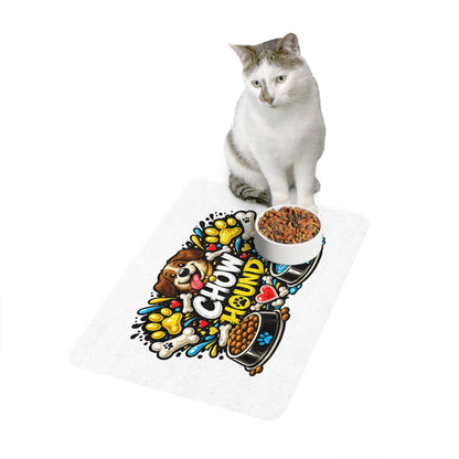Chow Hound Dog Food Mat — Cute Paw Prints & Bowls Pet Feeding Placemat (12x18)