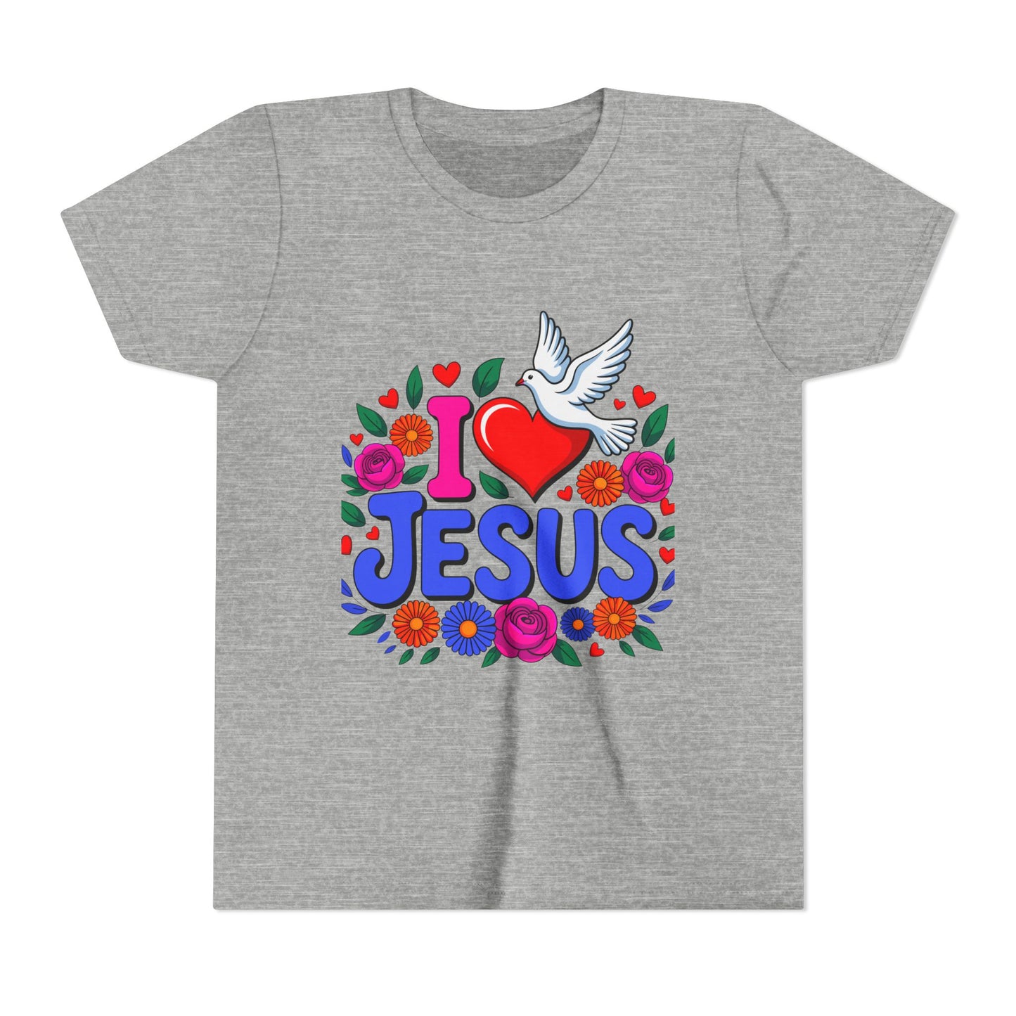 Youth Tee — "I  Jesus" Colorful Dove & Floral Christian Shirt
