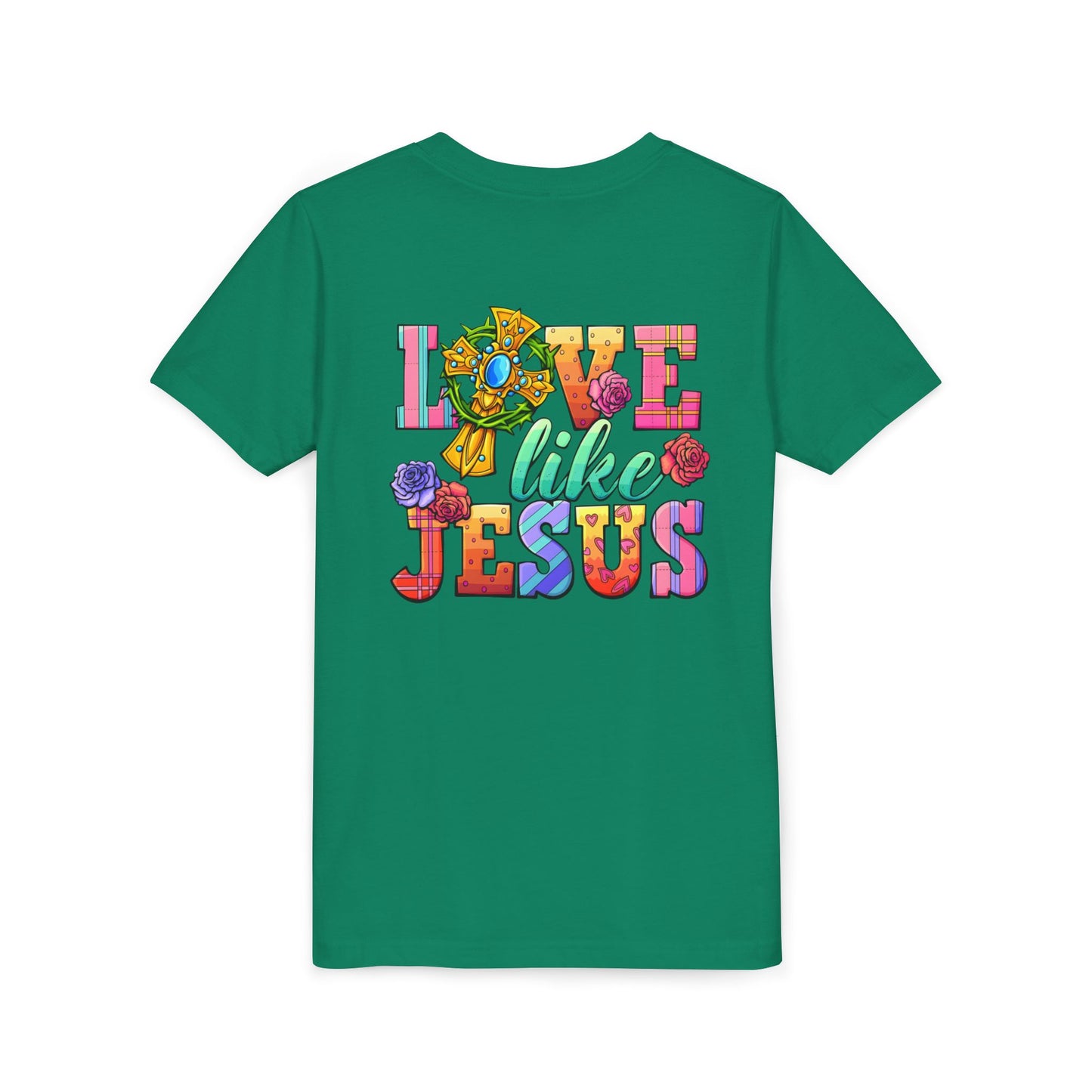 Youth Tee — "Love Like Jesus" Colorful Faith Graphic
