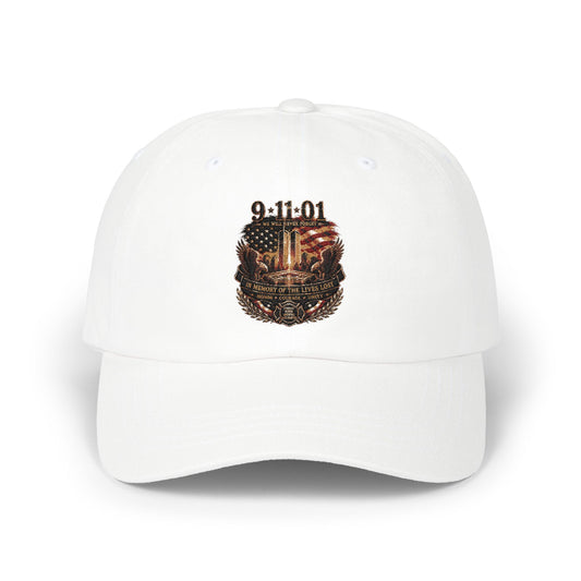 9·11·01 Memorial Dad Cap — American Flag Twin Towers Tribute Hat