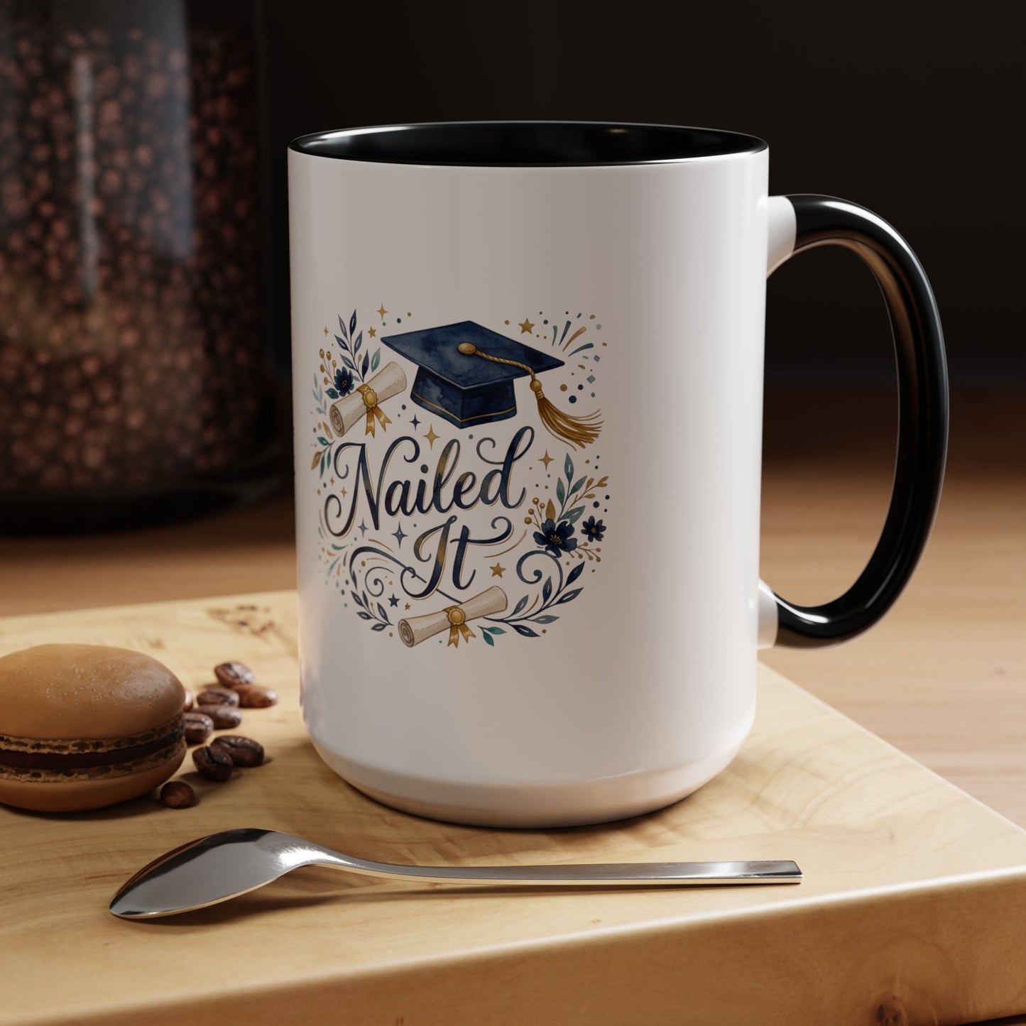 Nailed It Graduation Coffee Mug – Navy Cap & Floral 11/15oz Accent Mug