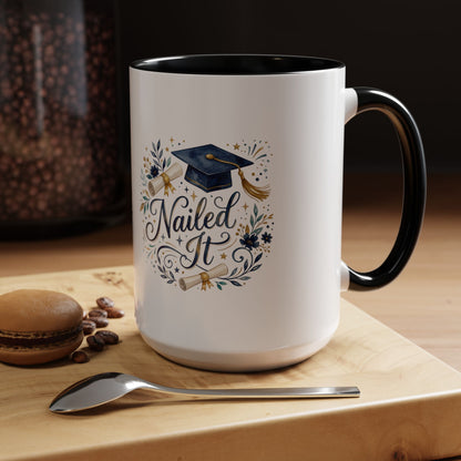 Nailed It Graduation Coffee Mug – Navy Cap & Floral 11/15oz Accent Mug