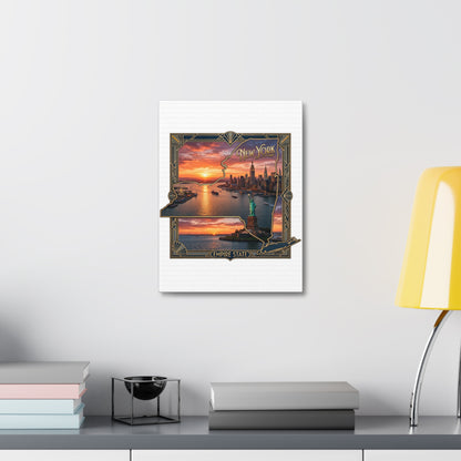 New York Sunset Stretched Canvas – Empire State Skyline with Statue of Liberty