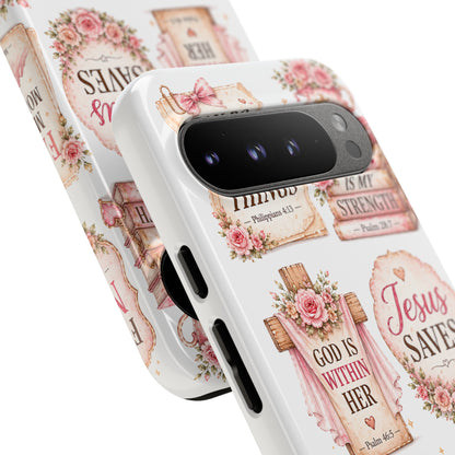 Christian Phone Case — Jesus Saves Floral Tough Case with 'God Is Within Her' & 'Trust God' Design