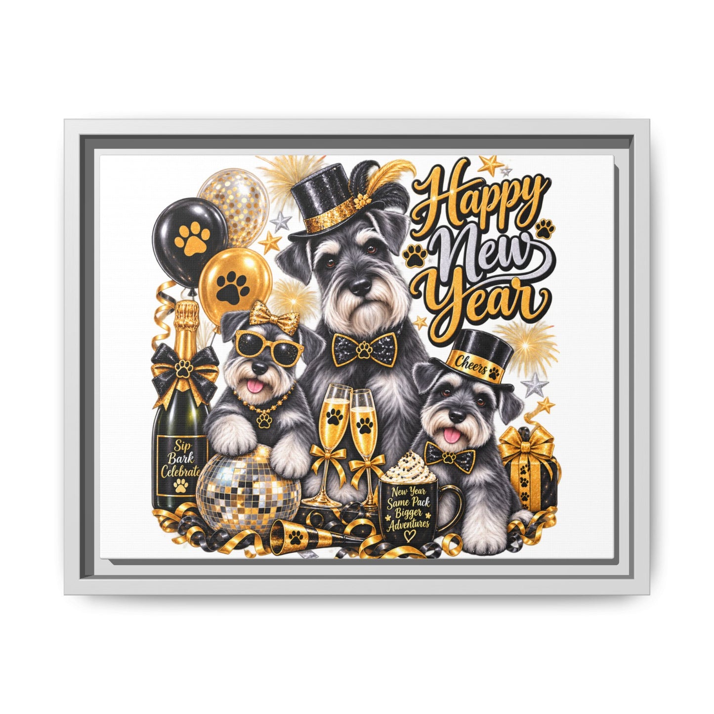 Happy New Year Schnauzer Holiday Canvas Print — Framed Matte Wall Art