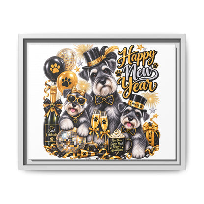 Happy New Year Schnauzer Holiday Canvas Print — Framed Matte Wall Art