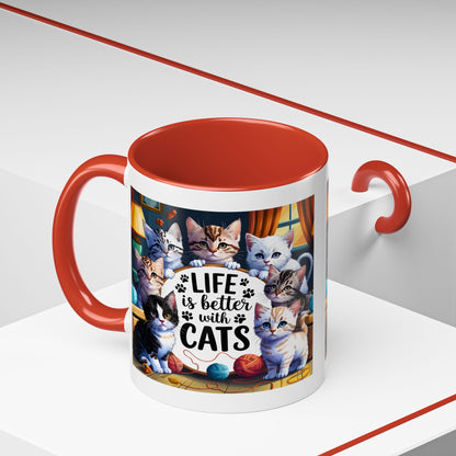 Life Is Better With Cats Accent Coffee Mug – Cute Kitten Cat Lover Gift (11/15oz)