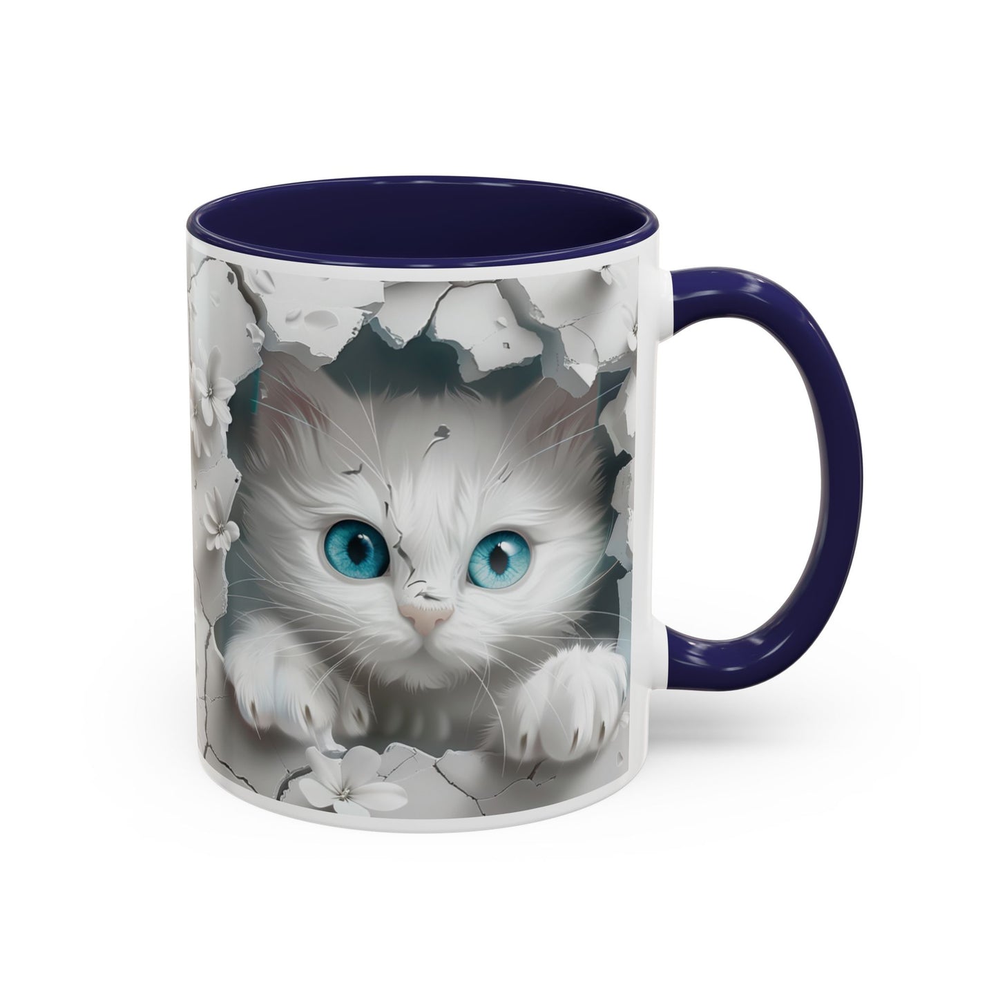 Cute Blue-Eyed Kitten Accent Coffee Mug – Floral Peekaboo Cat Design (11/15 oz)