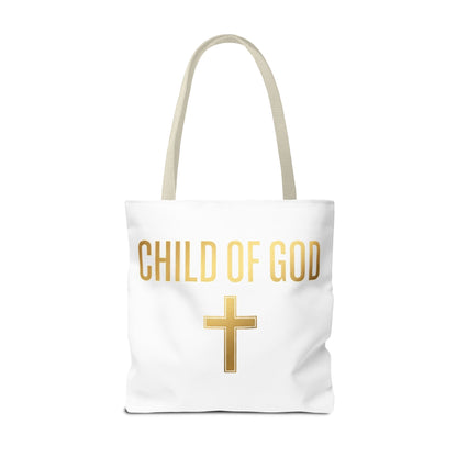 Child of God Tote Bag — Gold Cross Religious Canvas Tote