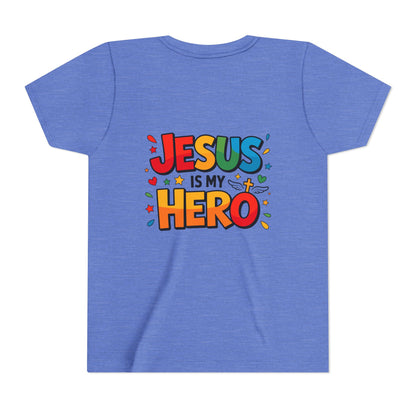 Youth Tee — "Jesus Is My Hero" Colorful Kids Christian T-Shirt