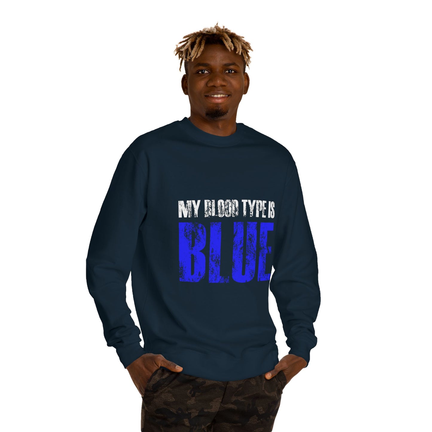 Crewneck Sweatshirt — "My Blood Type Is Blue" Distressed Graphic