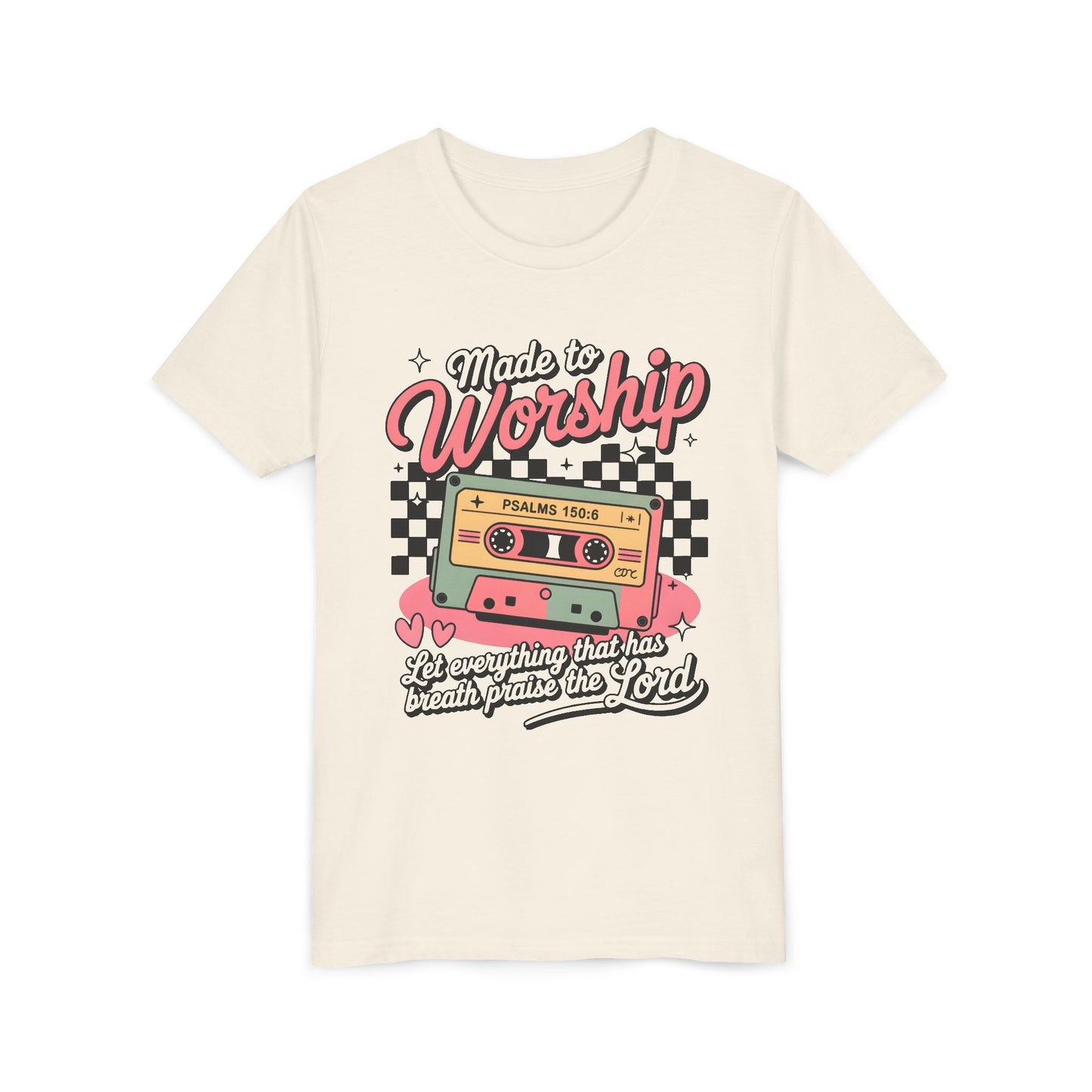 Made to Worship Youth Tee – Retro Cassette Christian Kids Shirt (Psalms 100:4)