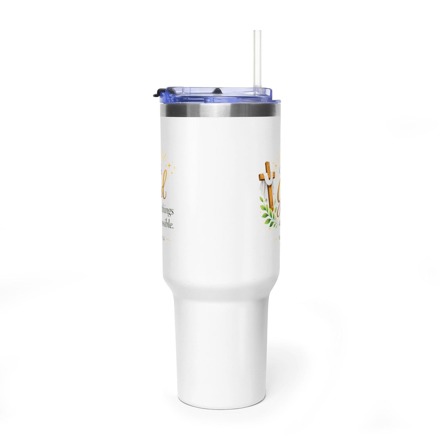 40oz Vacuum Tumbler with Handle - "With God All Things Are Possible" Christian Insulated Travel Mug