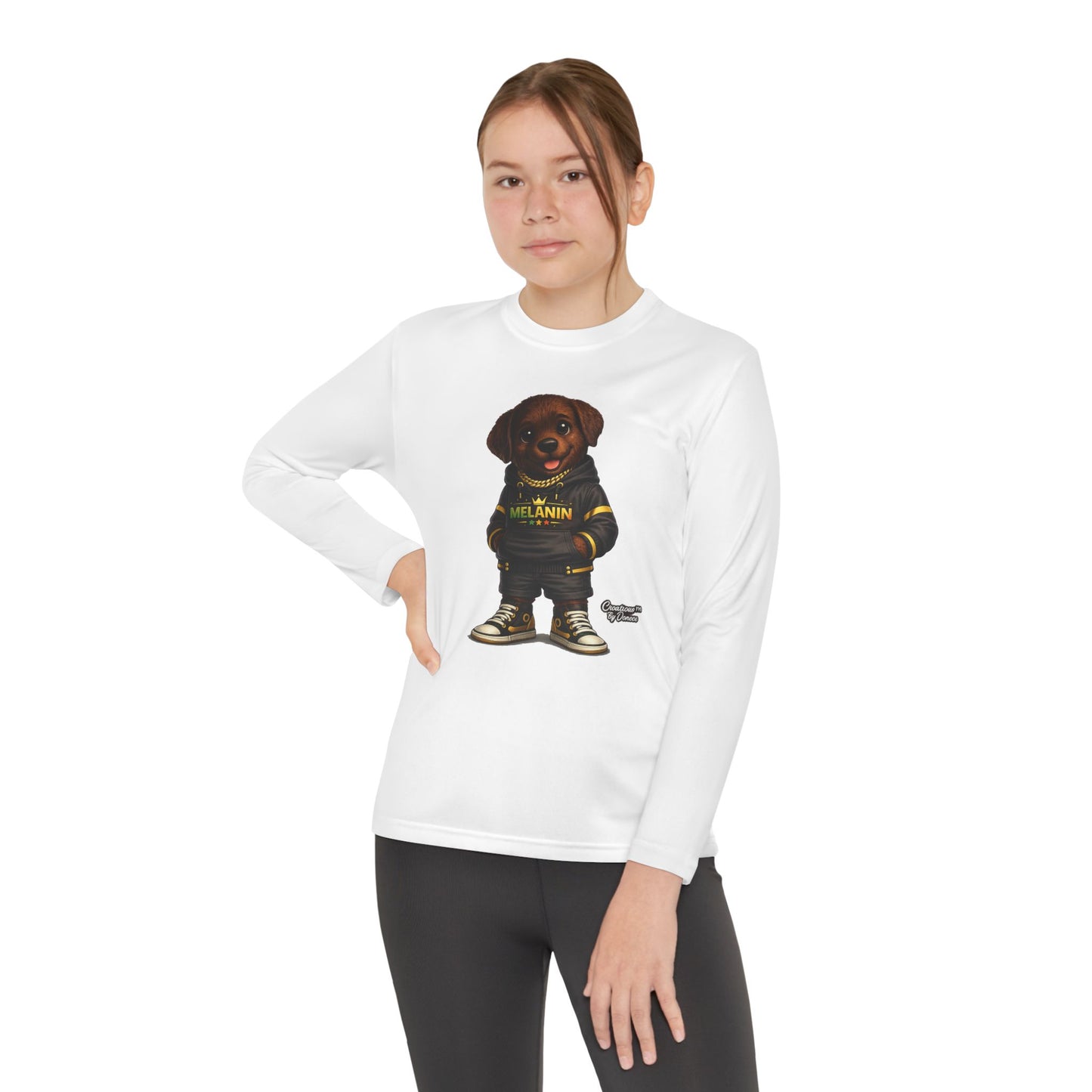 Youth Long Sleeve Tee — Cute Rottweiler Pup Graphic "Melanin" Hoodie Design