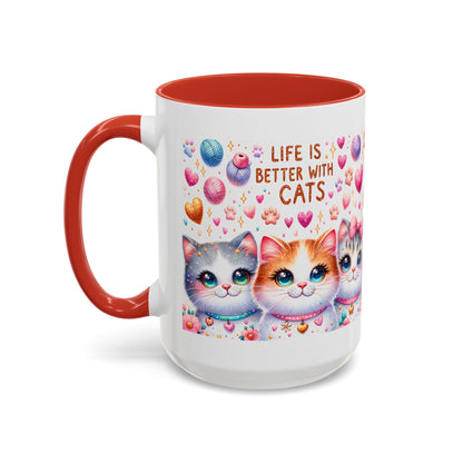 Cat Lover Accent Coffee Mug — "Life Is Better With Cats" Cute Kittens Design (11/15oz)