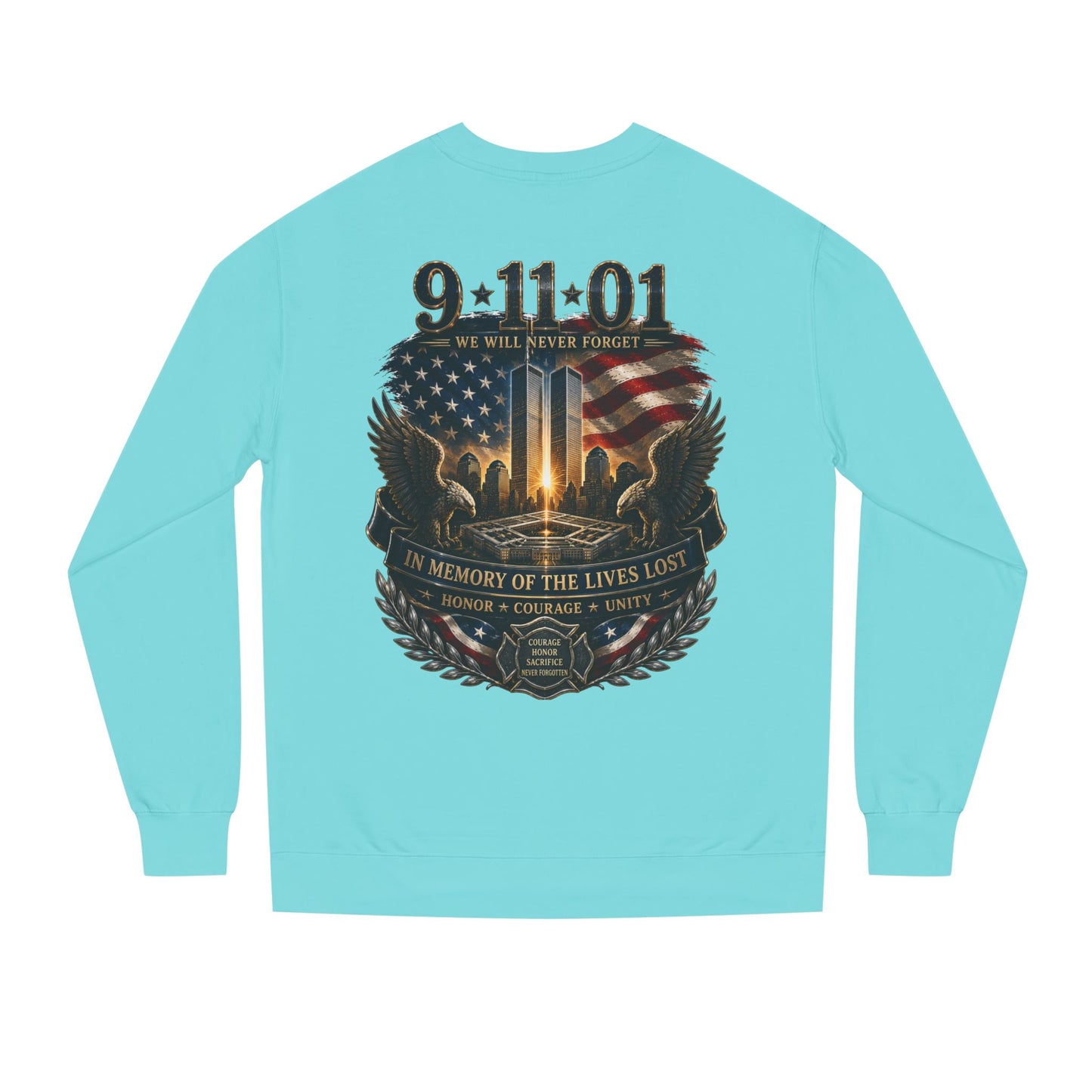 9/11 Memorial Sweatshirt – 'We Will Never Forget' Twin Towers Tribute Crewneck