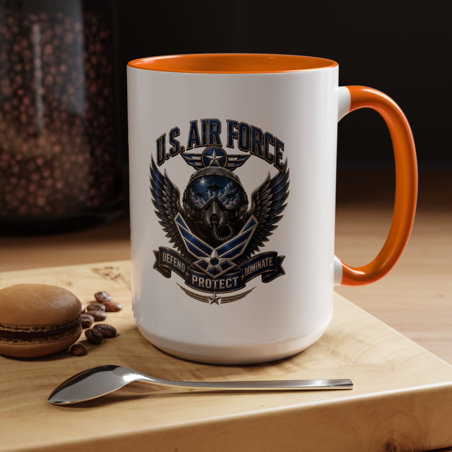 U.S. Air Force Emblem Accent Coffee Mug — Defend Protect Dominate (11/15oz)