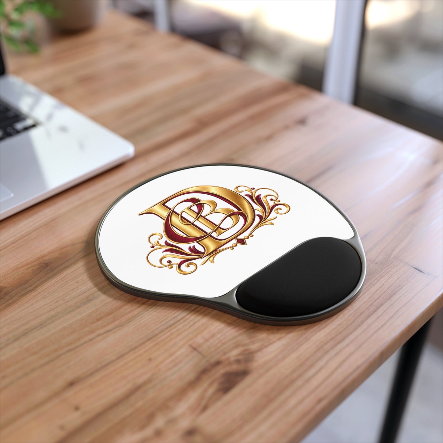 Gold Monogram D Mouse Pad with Ergonomic Wrist Rest