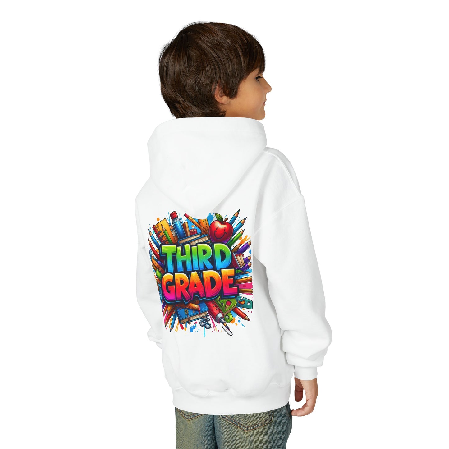 Third Grade Kids Hoodie — Colorful School Supplies Back-to-School Sweatshirt