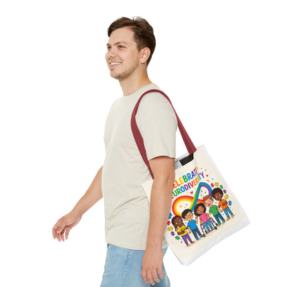 Celebrate Neurodiversity Tote Bag — Rainbow Infinity Symbol with Diverse Kids