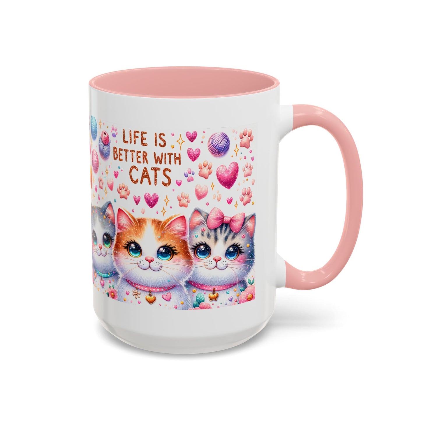 Cat Lover Accent Coffee Mug — "Life Is Better With Cats" Cute Kittens Design (11/15oz)