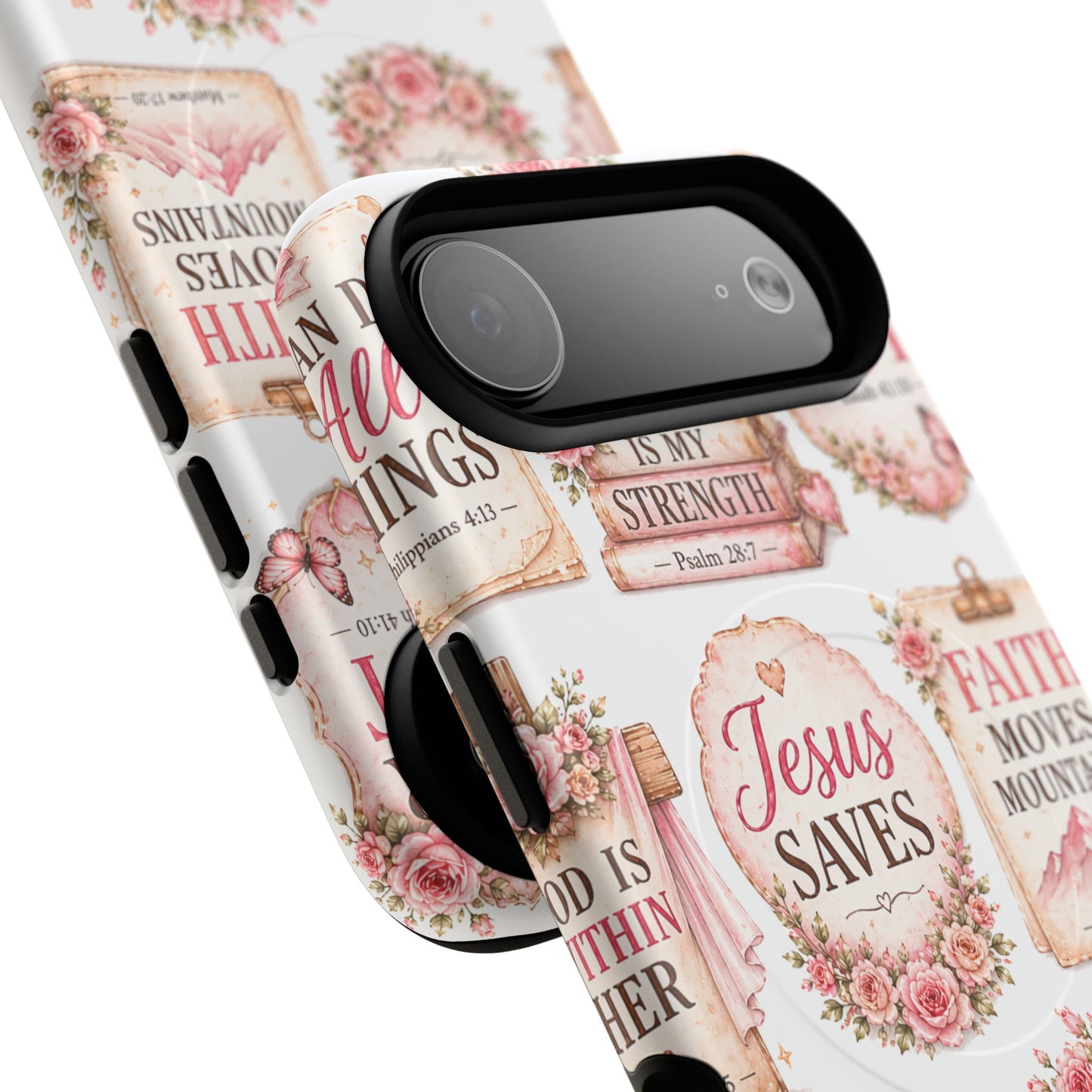 Christian Faith iPhone Tough Magnetic Case — 'Jesus Saves' Floral Scripture Design (Fear Not, Faith Moves Mountains)