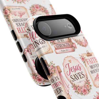 Christian Faith iPhone Tough Magnetic Case — 'Jesus Saves' Floral Scripture Design (Fear Not, Faith Moves Mountains)