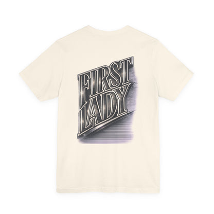 First Lady Graphic Tee — Retro Metallic Script Short Sleeve Shirt