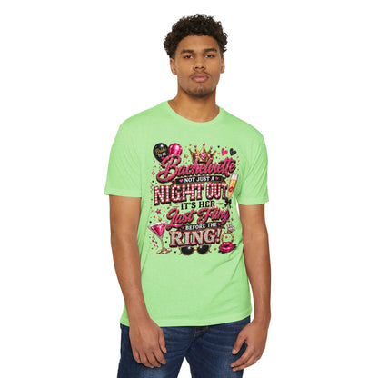 Bachelorette Party T-Shirt — "Not Just a Night Out, It’s Her Last Fling Before the Ring"